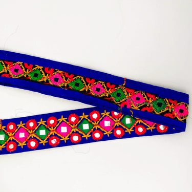 Blue Multicoloured Indian Mirror Trim Kutch Embroidered Navratri Garba Dress Trim Bridal Lace, Indian Sari Border 34 mm Wide Trim Per Yard